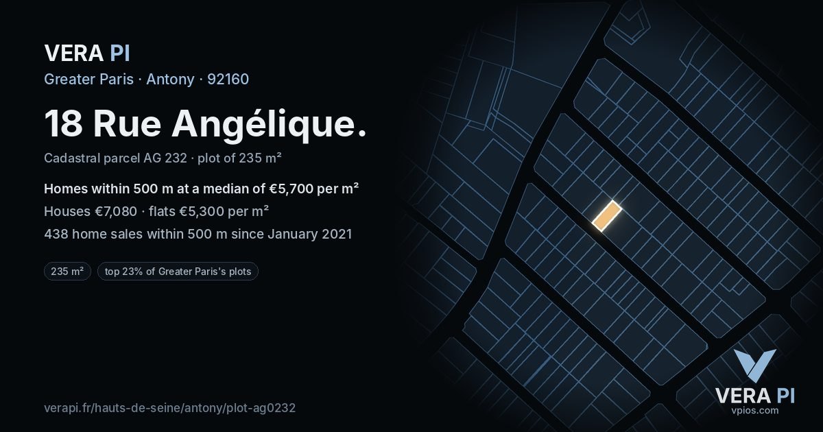 18 Rue Angélique, Antony at night – the plot lit, the parcels around coloured by the prices near them