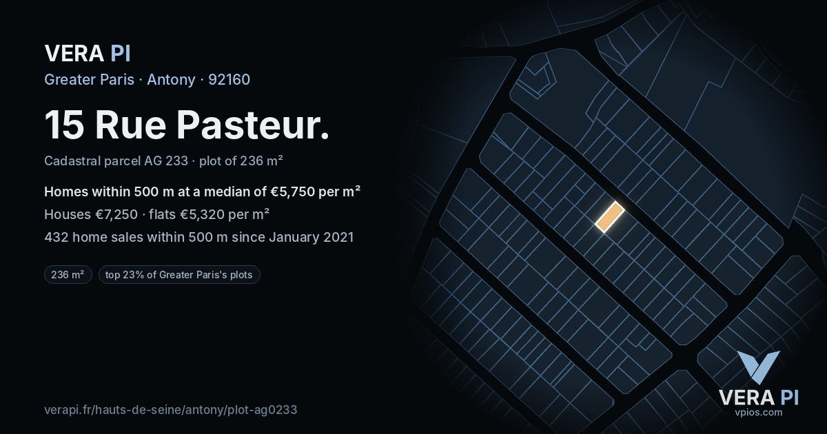 15 Rue Pasteur, Antony at night – the plot lit, the parcels around coloured by the prices near them