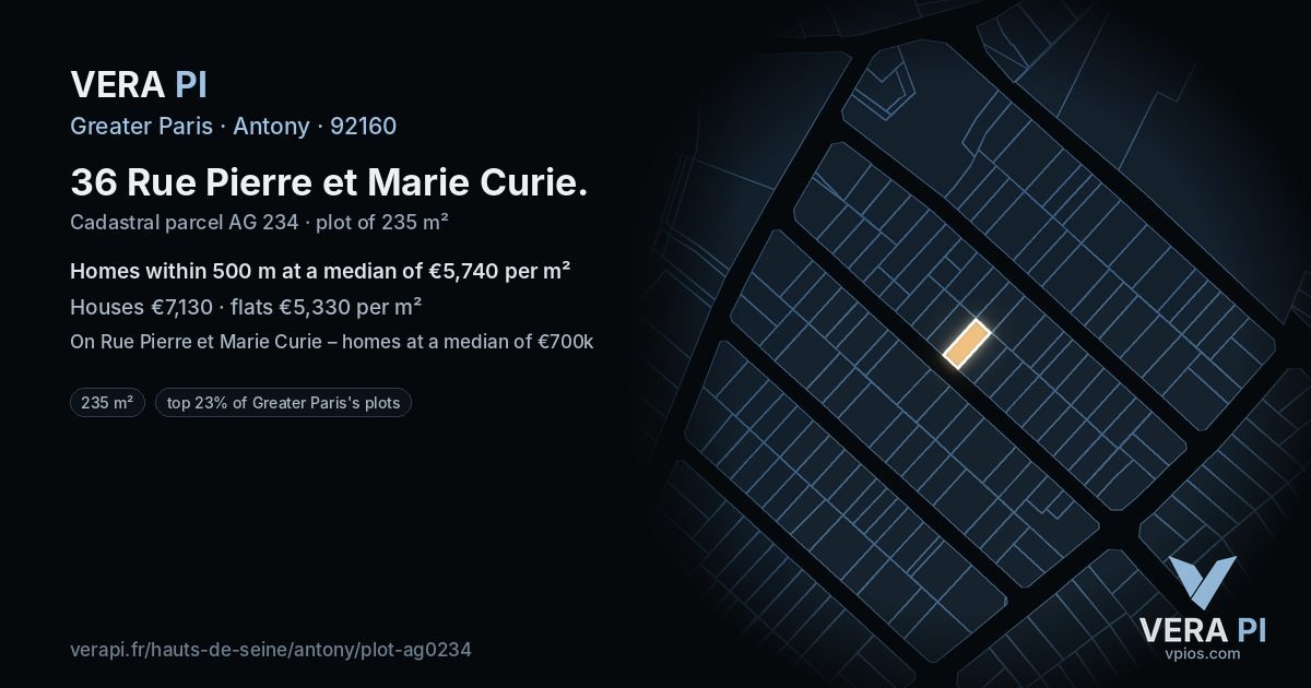 36 Rue Pierre et Marie Curie, Antony at night – the plot lit, the parcels around coloured by the prices near them