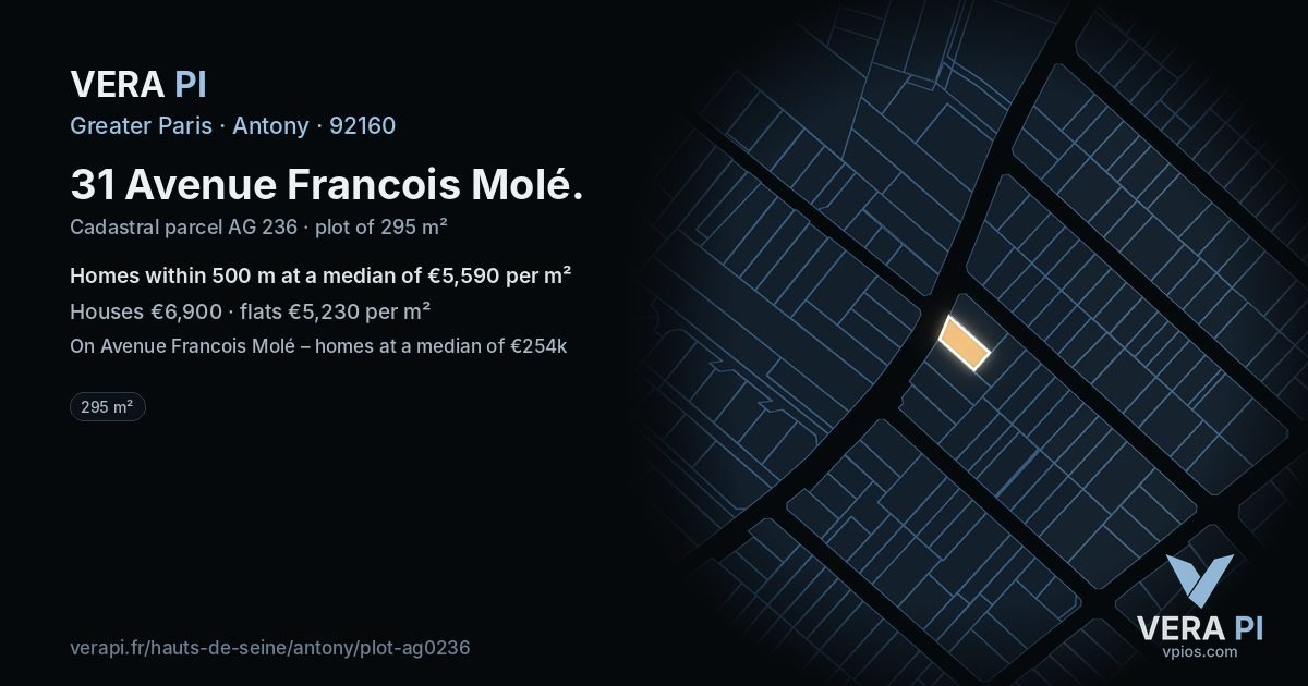 31 Avenue Francois Molé, Antony at night – the plot lit, the parcels around coloured by the prices near them