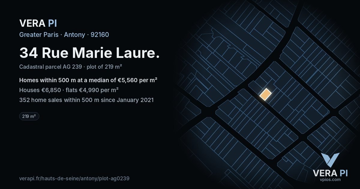 34 Rue Marie Laure, Antony at night – the plot lit, the parcels around coloured by the prices near them