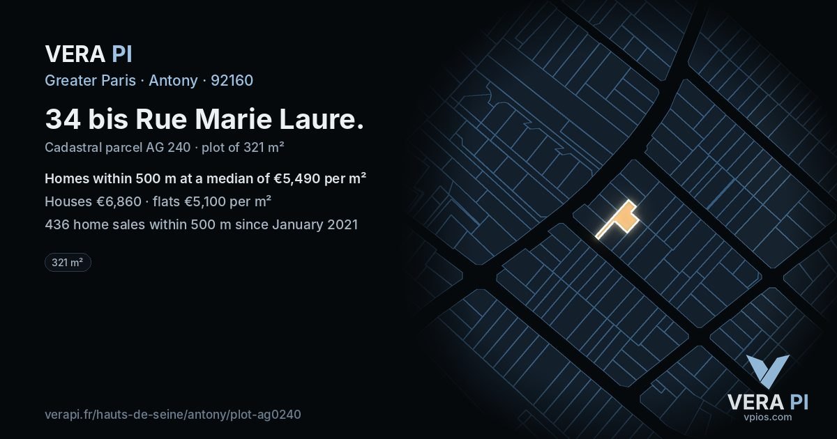 34 bis Rue Marie Laure, Antony at night – the plot lit, the parcels around coloured by the prices near them