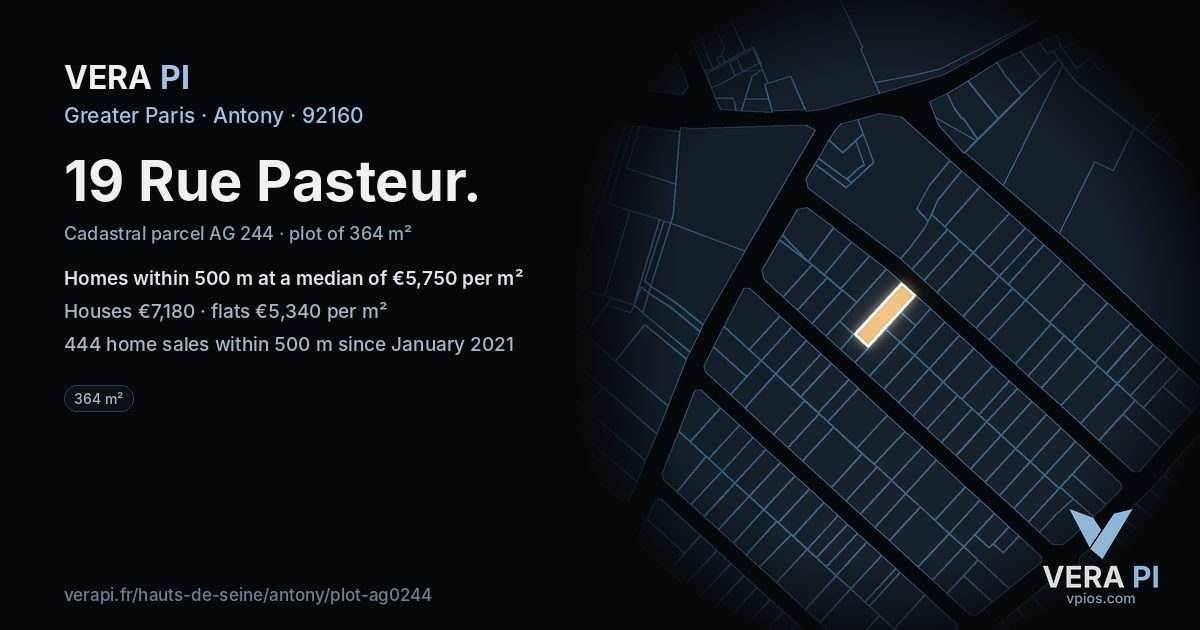 19 Rue Pasteur, Antony at night – the plot lit, the parcels around coloured by the prices near them