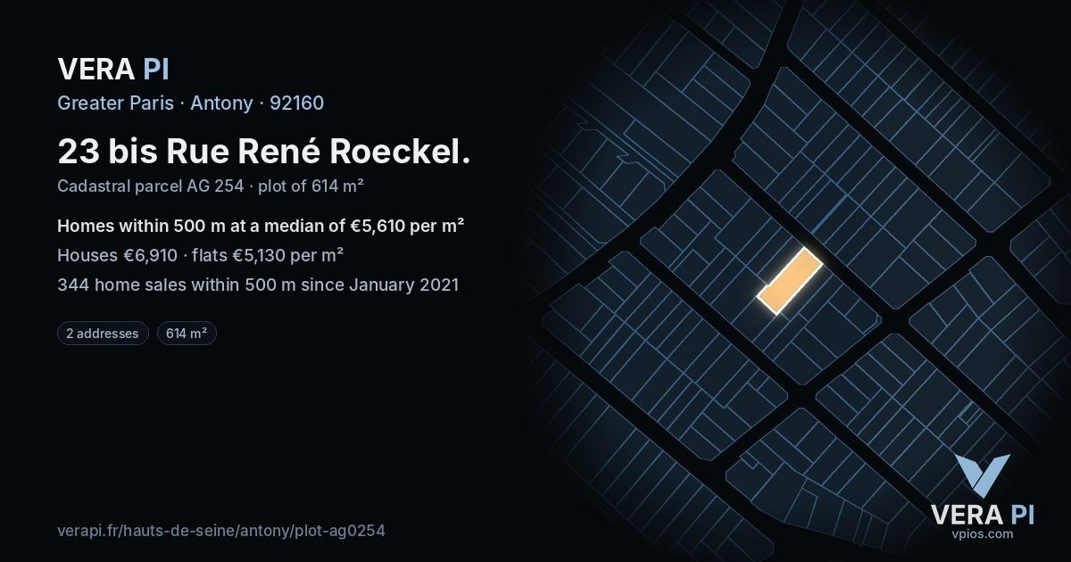 23 bis Rue René Roeckel, Antony at night – the plot lit, the parcels around coloured by the prices near them