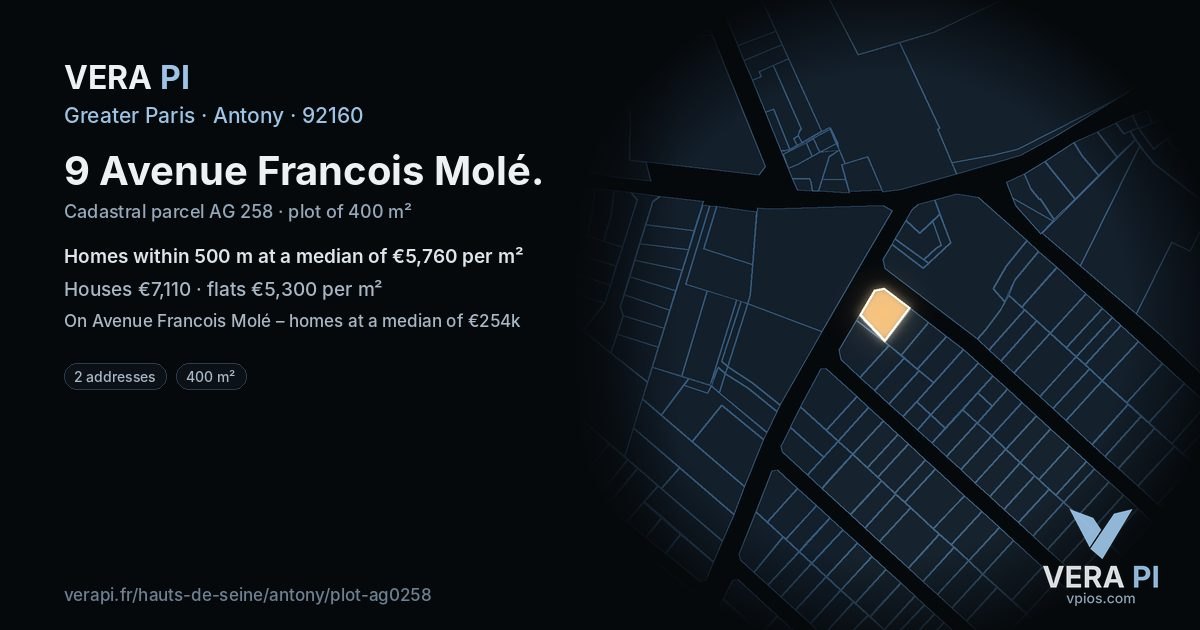 9 Avenue Francois Molé, Antony at night – the plot lit, the parcels around coloured by the prices near them