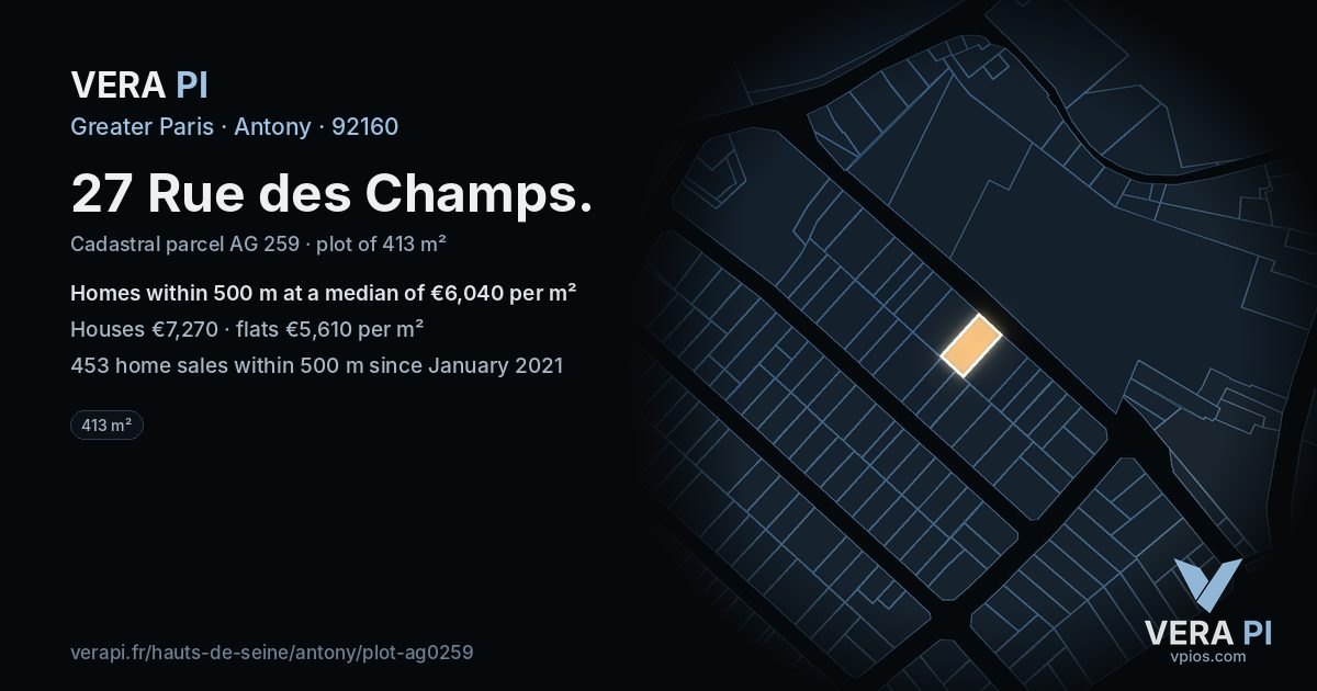 27 Rue des Champs, Antony at night – the plot lit, the parcels around coloured by the prices near them
