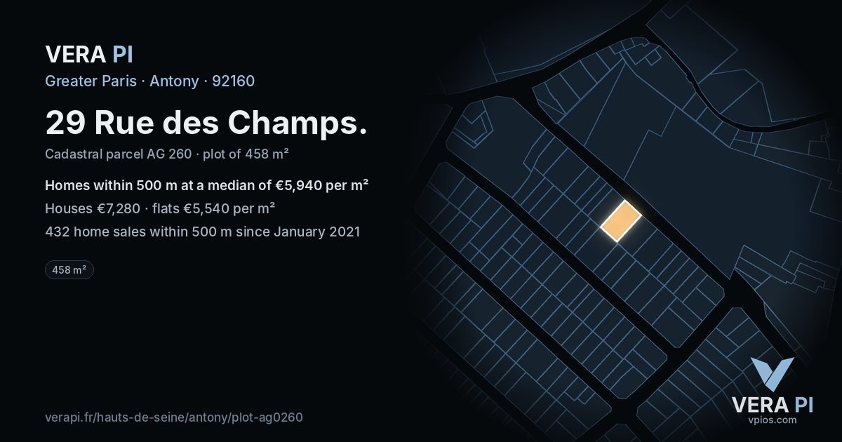 29 Rue des Champs, Antony at night – the plot lit, the parcels around coloured by the prices near them