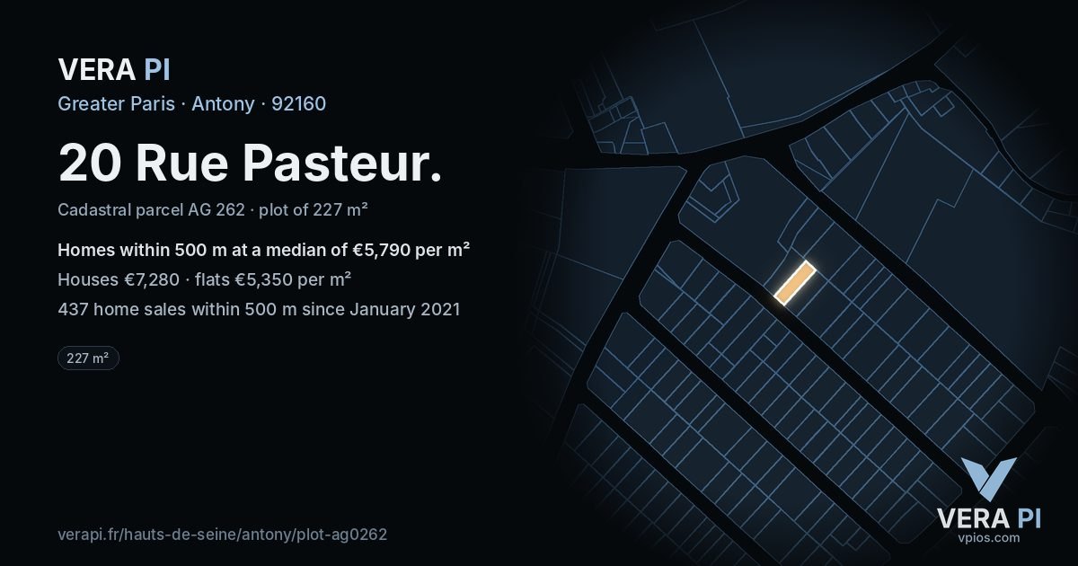 20 Rue Pasteur, Antony at night – the plot lit, the parcels around coloured by the prices near them