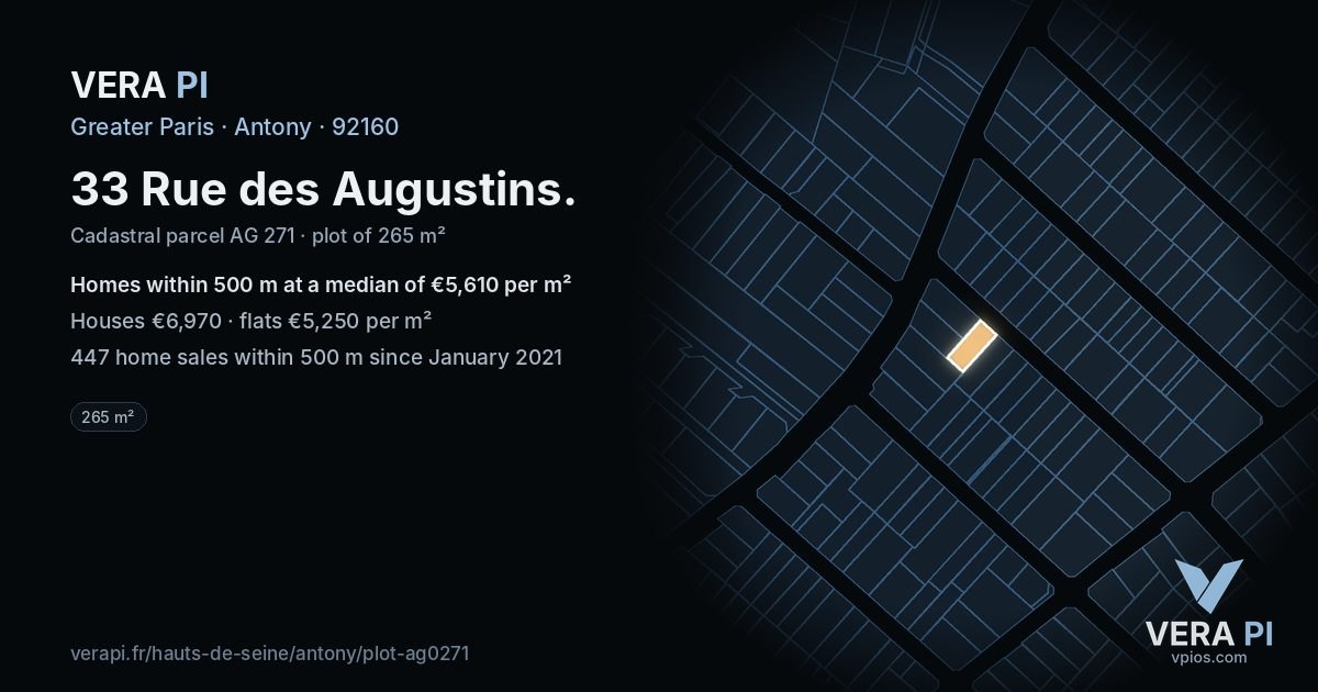 33 Rue des Augustins, Antony at night – the plot lit, the parcels around coloured by the prices near them