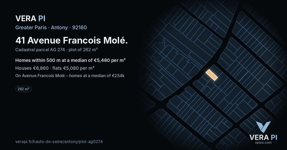 41 Avenue Francois Molé, Antony at night – the plot lit, the parcels around coloured by the prices near them
