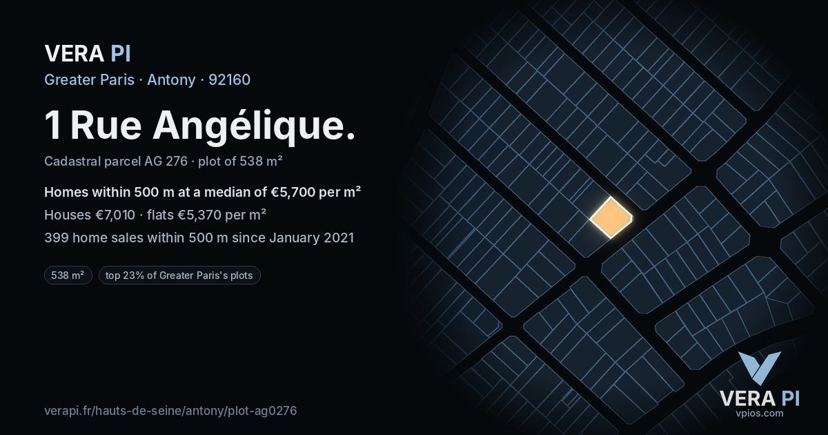 1 Rue Angélique, Antony at night – the plot lit, the parcels around coloured by the prices near them