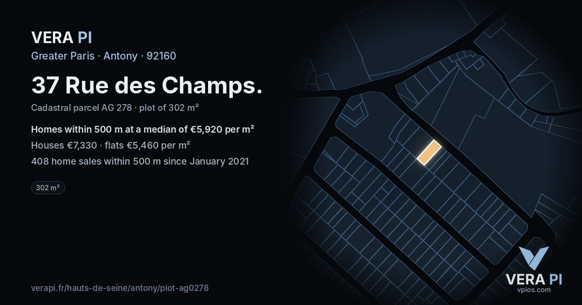 37 Rue des Champs, Antony at night – the plot lit, the parcels around coloured by the prices near them