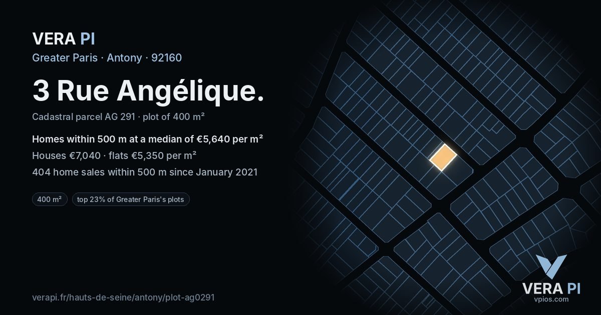 3 Rue Angélique, Antony at night – the plot lit, the parcels around coloured by the prices near them
