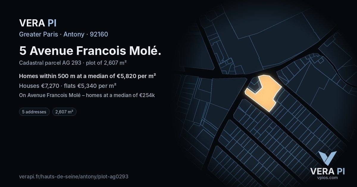 5 Avenue Francois Molé, Antony at night – the plot lit, the parcels around coloured by the prices near them