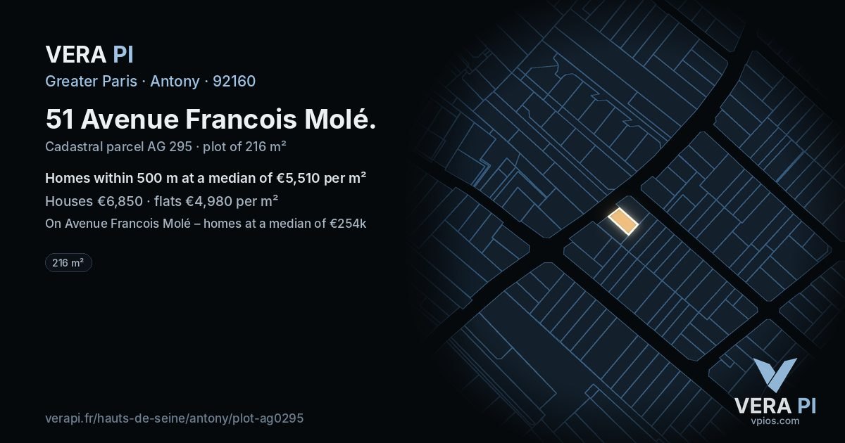 51 Avenue Francois Molé, Antony at night – the plot lit, the parcels around coloured by the prices near them