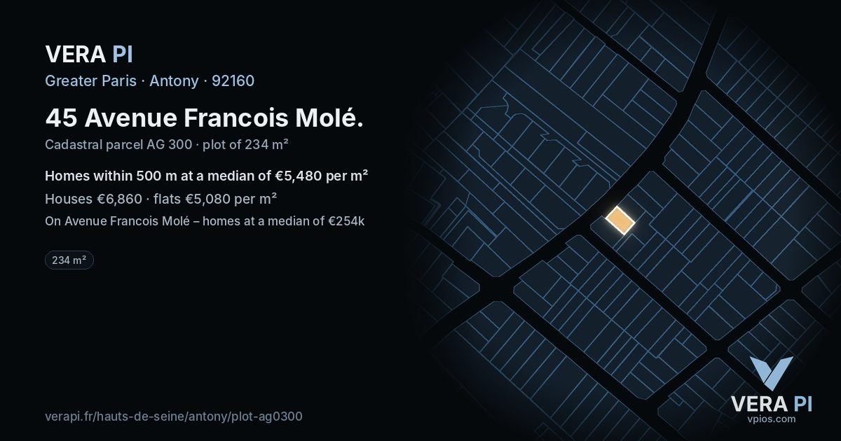 45 Avenue Francois Molé, Antony at night – the plot lit, the parcels around coloured by the prices near them