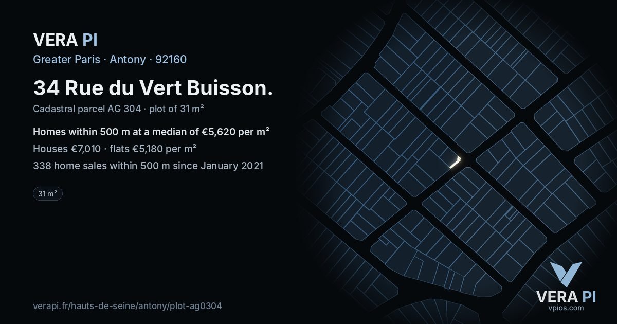34 Rue du Vert Buisson, Antony at night – the plot lit, the parcels around coloured by the prices near them
