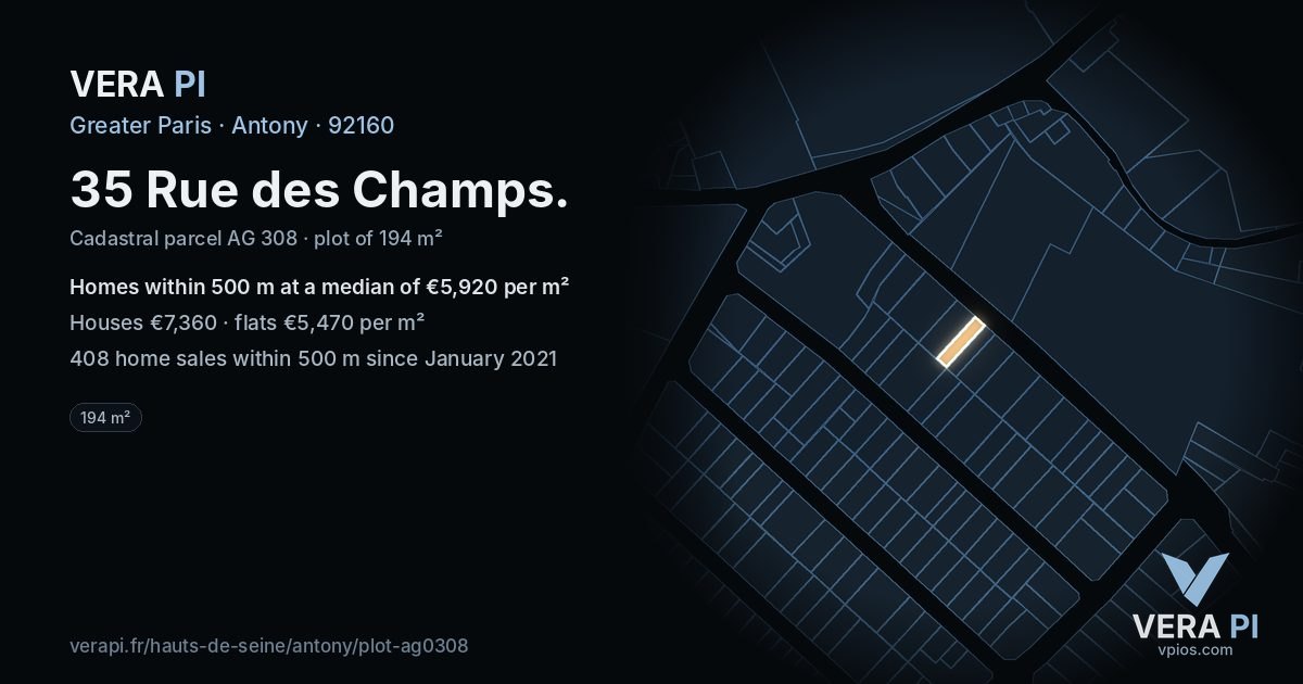 35 Rue des Champs, Antony at night – the plot lit, the parcels around coloured by the prices near them