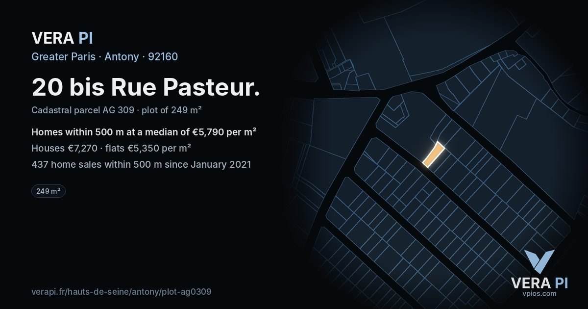 20 bis Rue Pasteur, Antony at night – the plot lit, the parcels around coloured by the prices near them