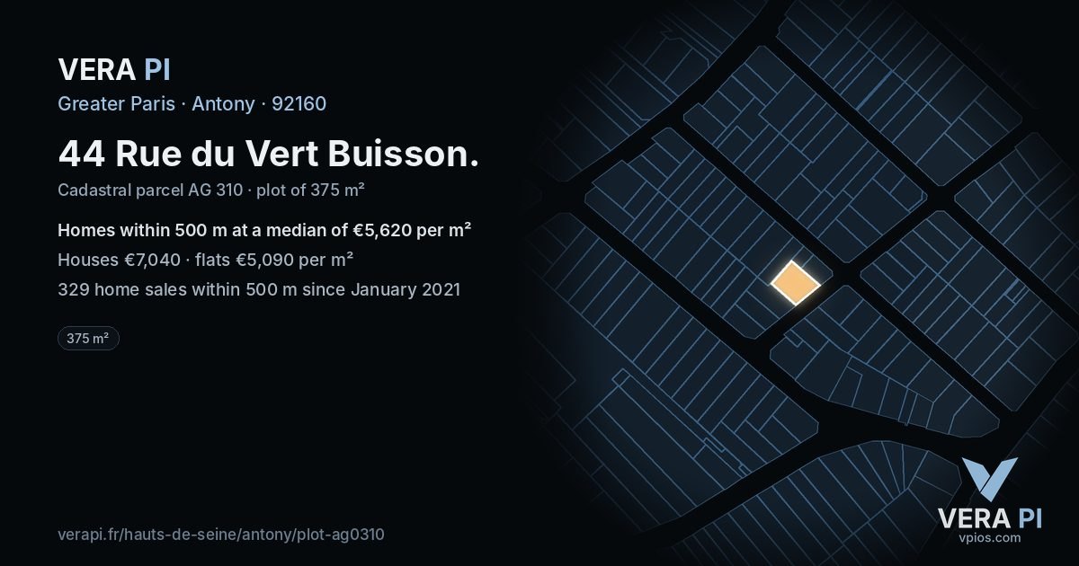 44 Rue du Vert Buisson, Antony at night – the plot lit, the parcels around coloured by the prices near them