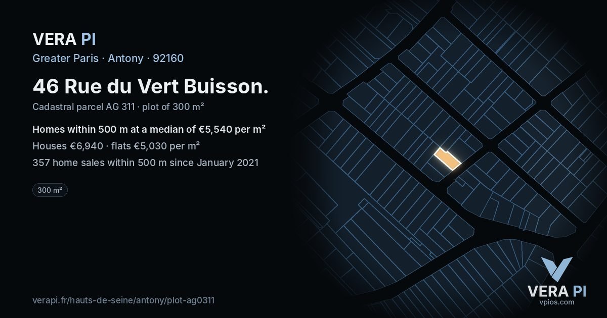 46 Rue du Vert Buisson, Antony at night – the plot lit, the parcels around coloured by the prices near them