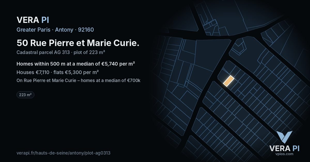 50 Rue Pierre et Marie Curie, Antony at night – the plot lit, the parcels around coloured by the prices near them