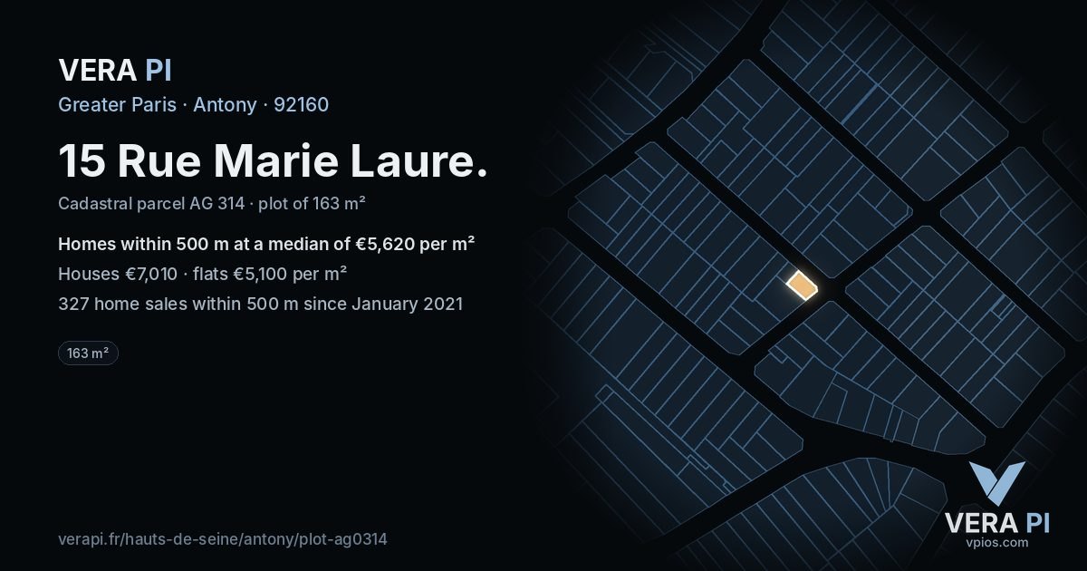 15 Rue Marie Laure, Antony at night – the plot lit, the parcels around coloured by the prices near them