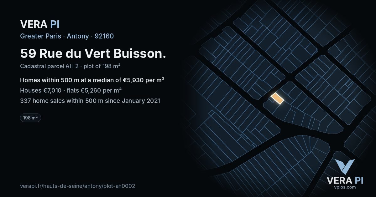 59 Rue du Vert Buisson, Antony at night – the plot lit, the parcels around coloured by the prices near them