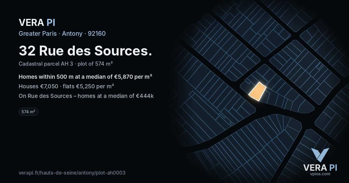 32 Rue des Sources, Antony at night – the plot lit, the parcels around coloured by the prices near them