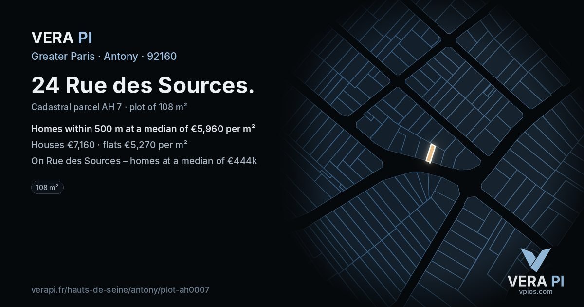 24 Rue des Sources, Antony at night – the plot lit, the parcels around coloured by the prices near them
