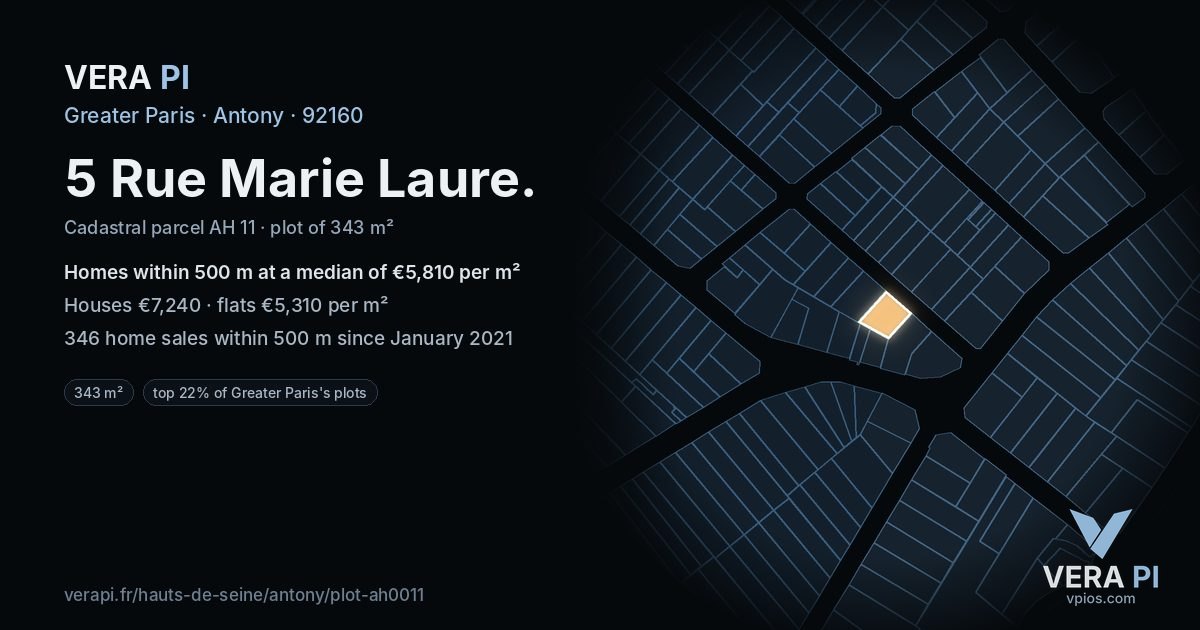 5 Rue Marie Laure, Antony at night – the plot lit, the parcels around coloured by the prices near them