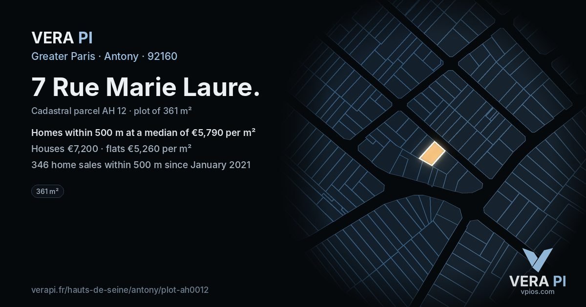 7 Rue Marie Laure, Antony at night – the plot lit, the parcels around coloured by the prices near them