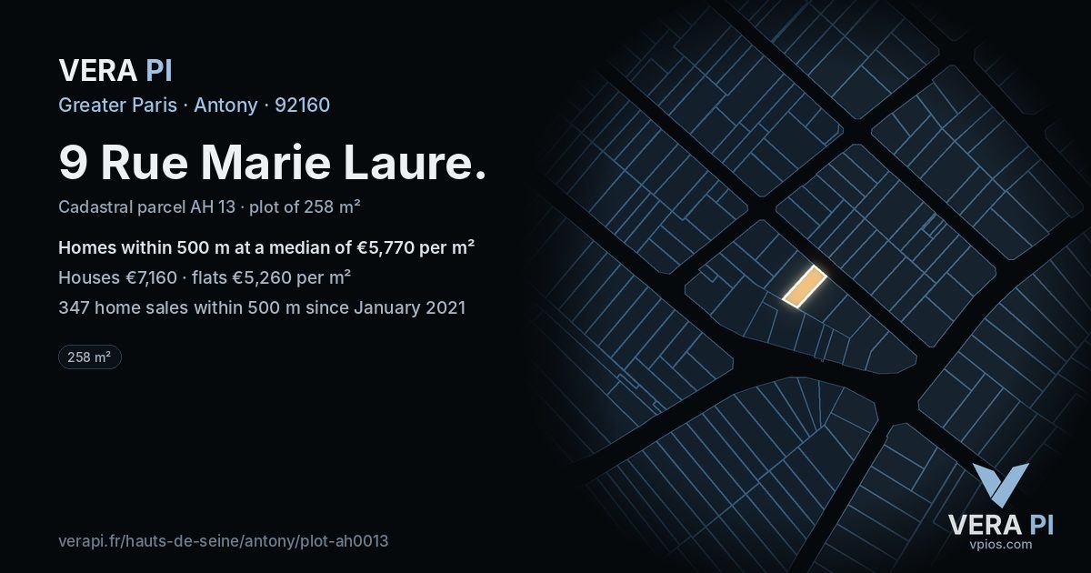 9 Rue Marie Laure, Antony at night – the plot lit, the parcels around coloured by the prices near them