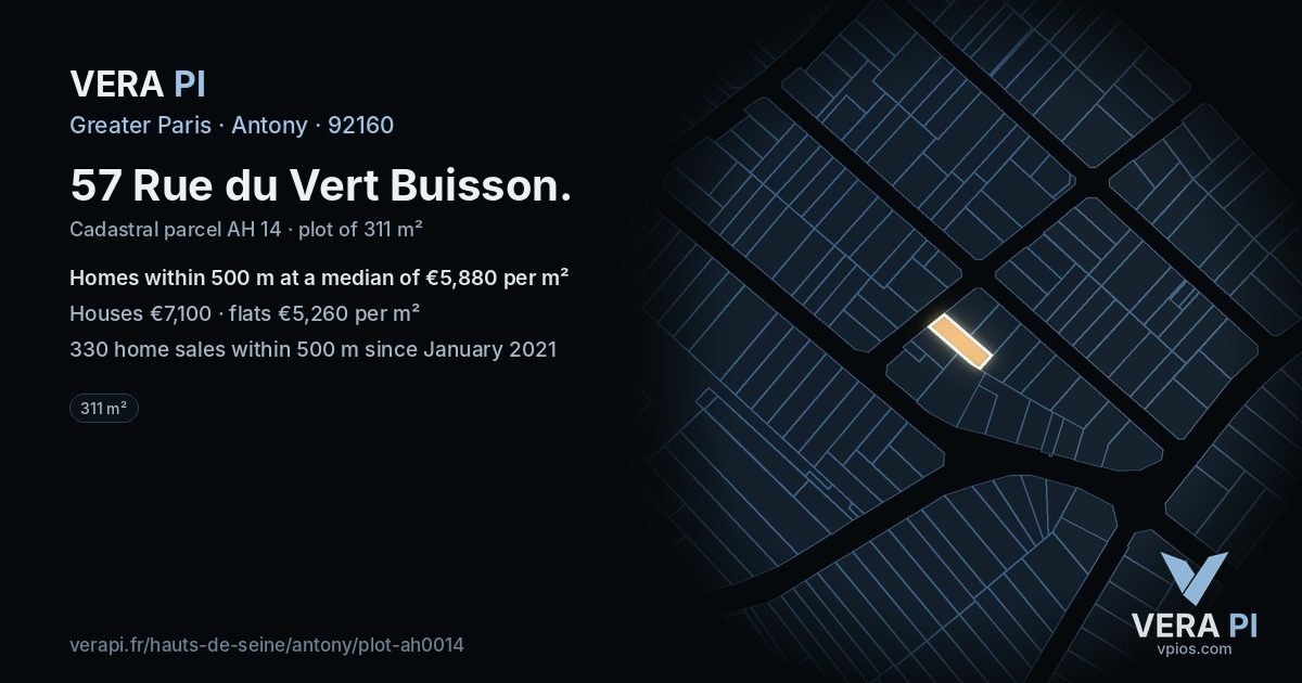 57 Rue du Vert Buisson, Antony at night – the plot lit, the parcels around coloured by the prices near them