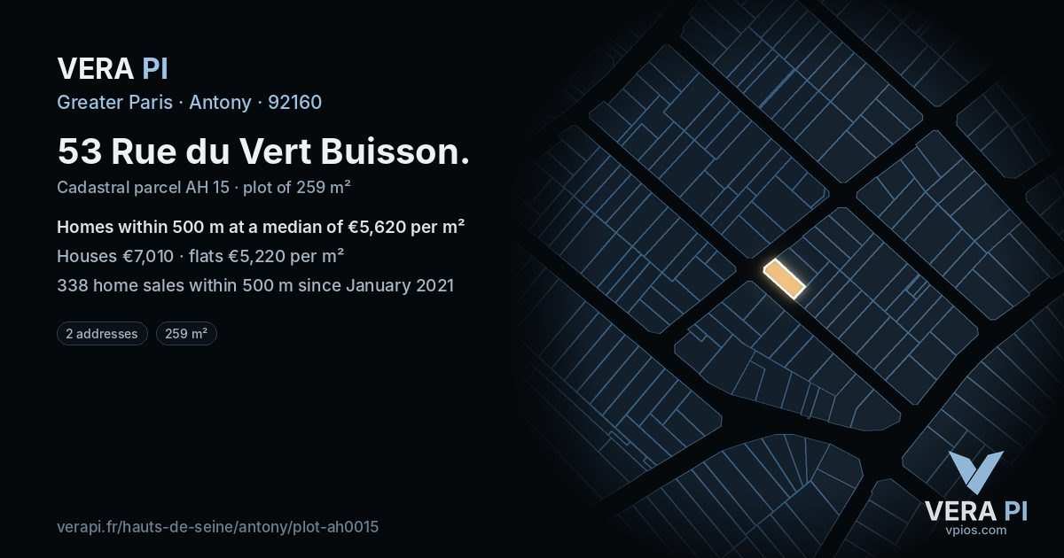 53 Rue du Vert Buisson, Antony at night – the plot lit, the parcels around coloured by the prices near them