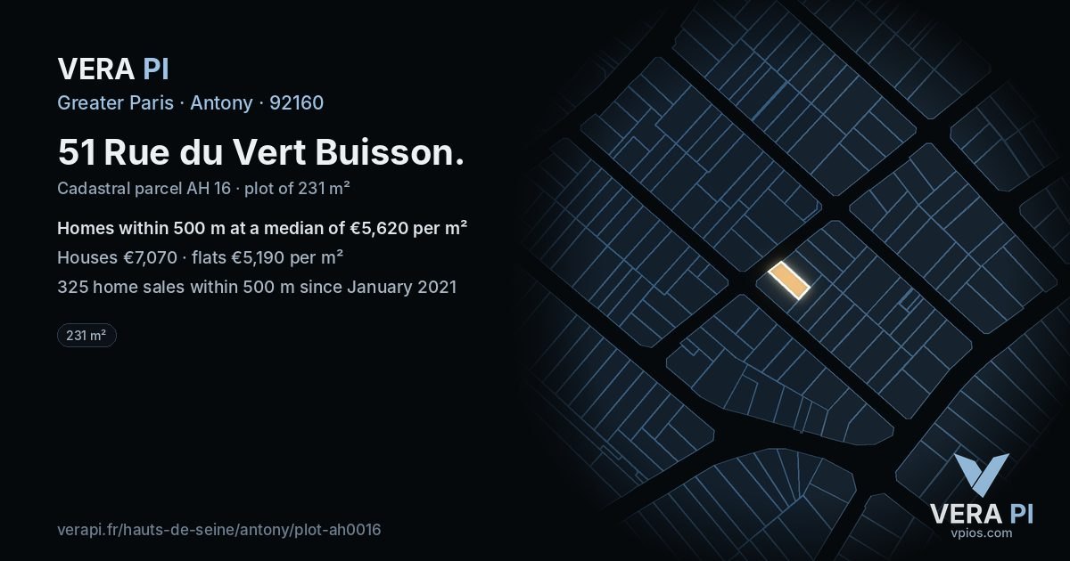 51 Rue du Vert Buisson, Antony at night – the plot lit, the parcels around coloured by the prices near them