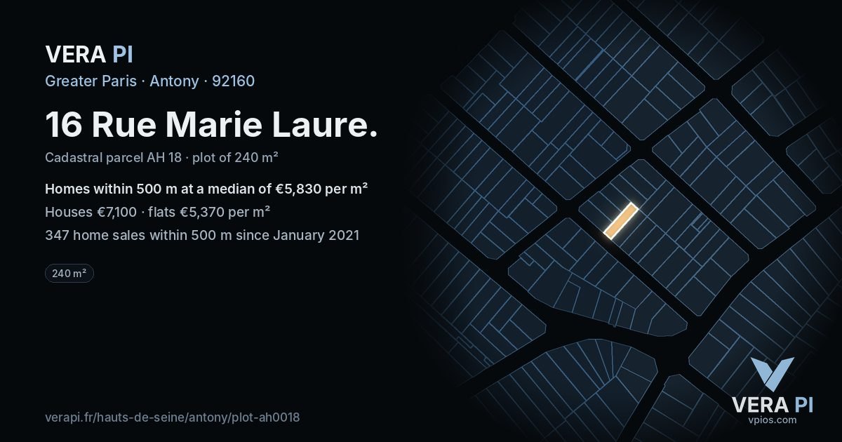 16 Rue Marie Laure, Antony at night – the plot lit, the parcels around coloured by the prices near them