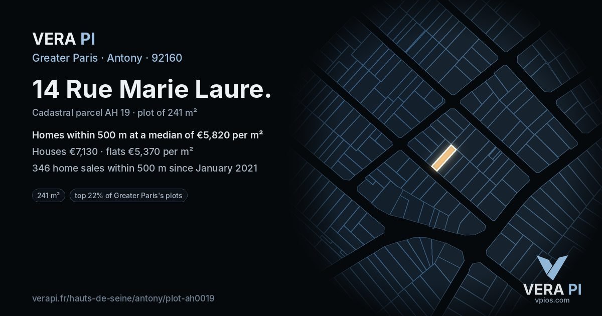 14 Rue Marie Laure, Antony at night – the plot lit, the parcels around coloured by the prices near them