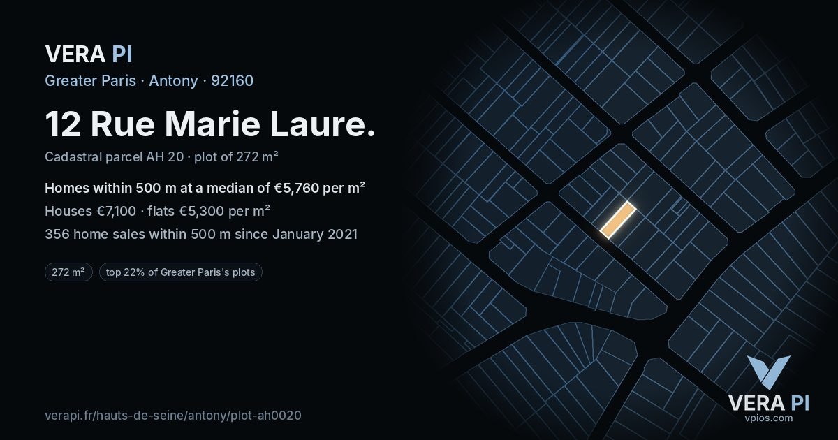 12 Rue Marie Laure, Antony at night – the plot lit, the parcels around coloured by the prices near them