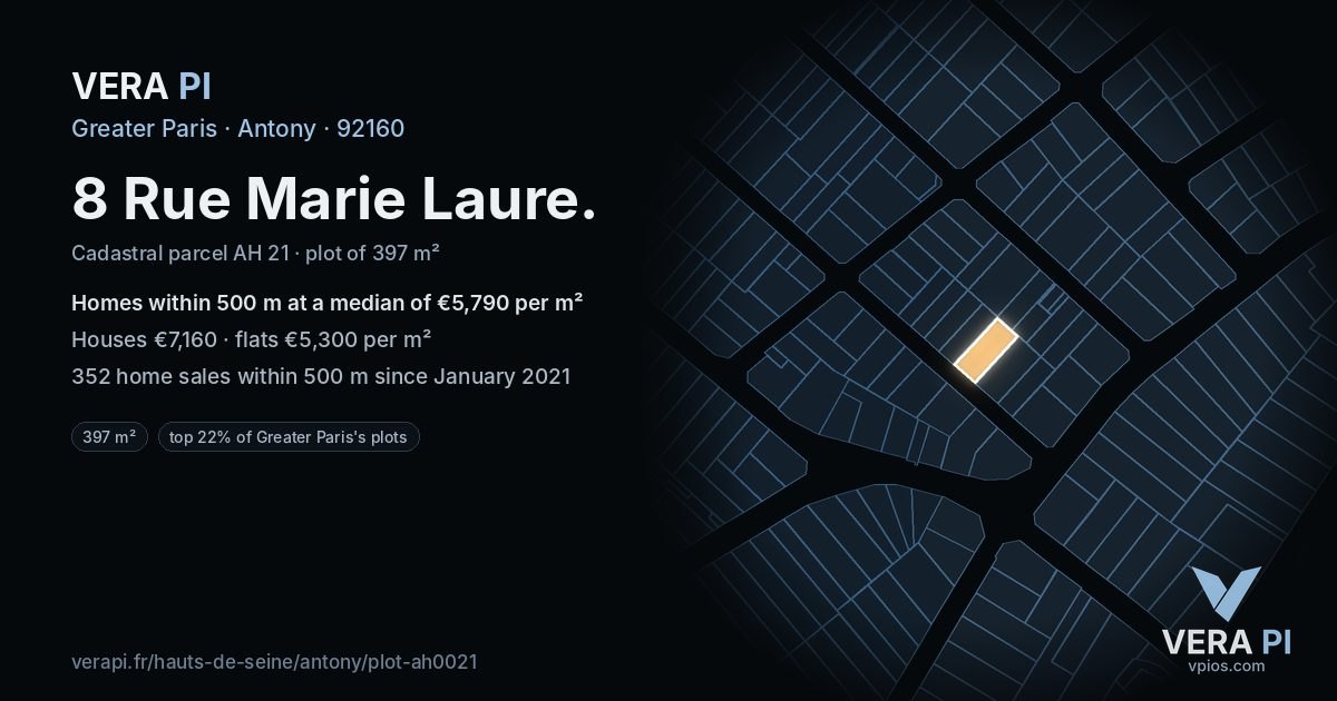 8 Rue Marie Laure, Antony at night – the plot lit, the parcels around coloured by the prices near them