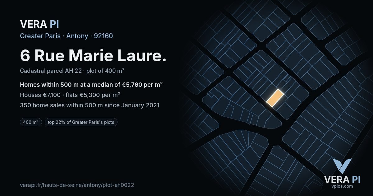 6 Rue Marie Laure, Antony at night – the plot lit, the parcels around coloured by the prices near them