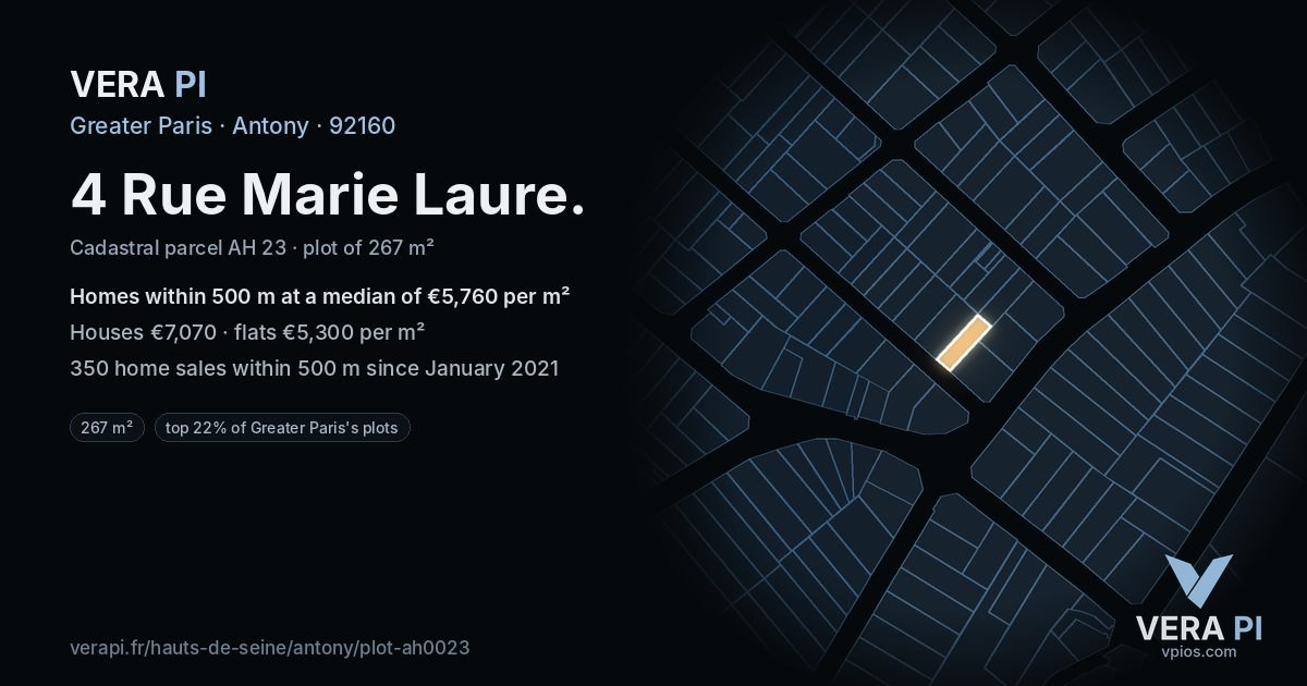4 Rue Marie Laure, Antony at night – the plot lit, the parcels around coloured by the prices near them