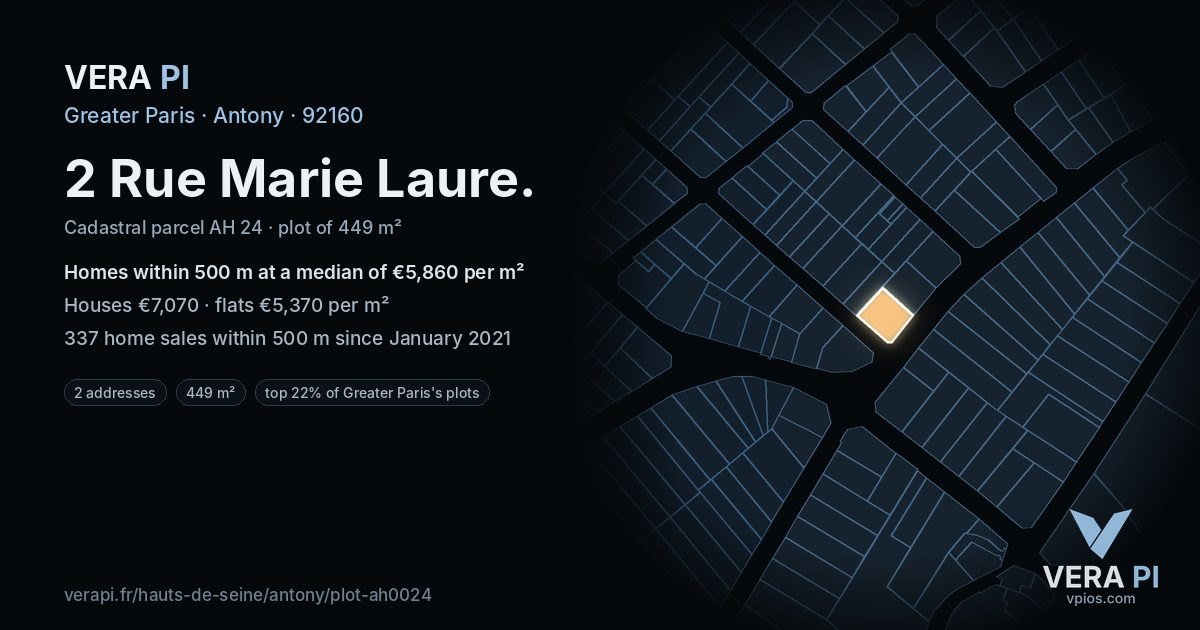 2 Rue Marie Laure, Antony at night – the plot lit, the parcels around coloured by the prices near them