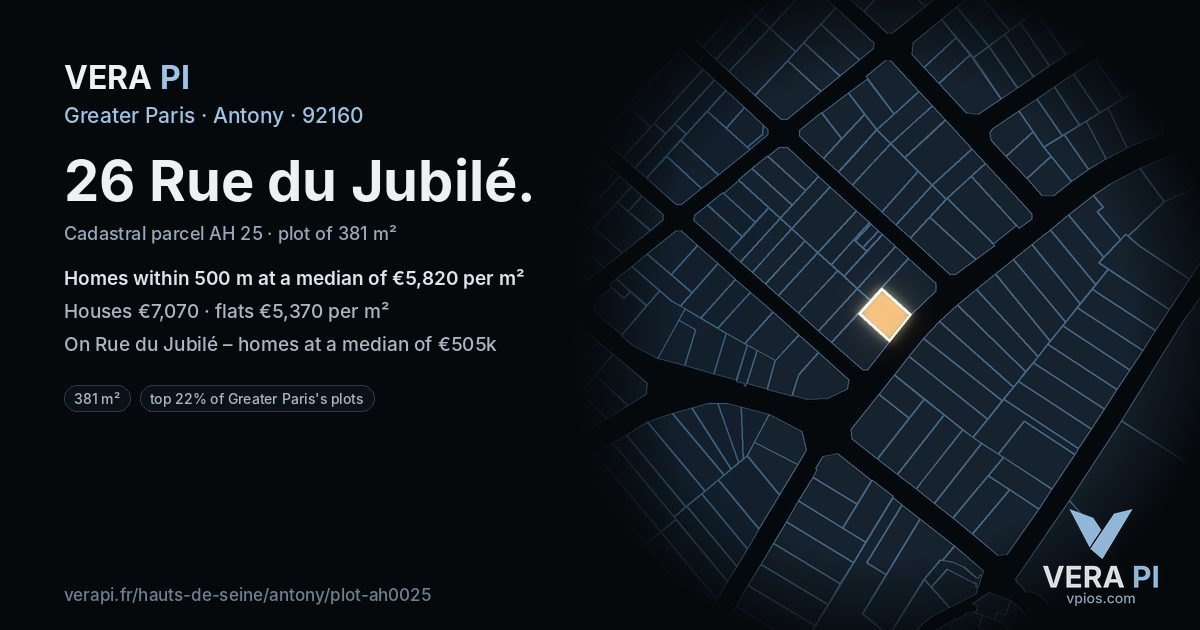 26 Rue du Jubilé, Antony at night – the plot lit, the parcels around coloured by the prices near them