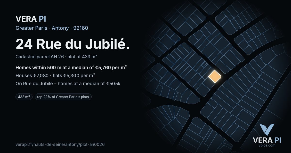 24 Rue du Jubilé, Antony at night – the plot lit, the parcels around coloured by the prices near them