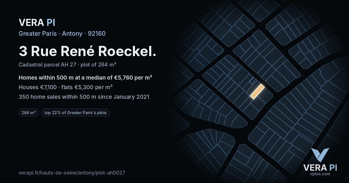 3 Rue René Roeckel, Antony at night – the plot lit, the parcels around coloured by the prices near them