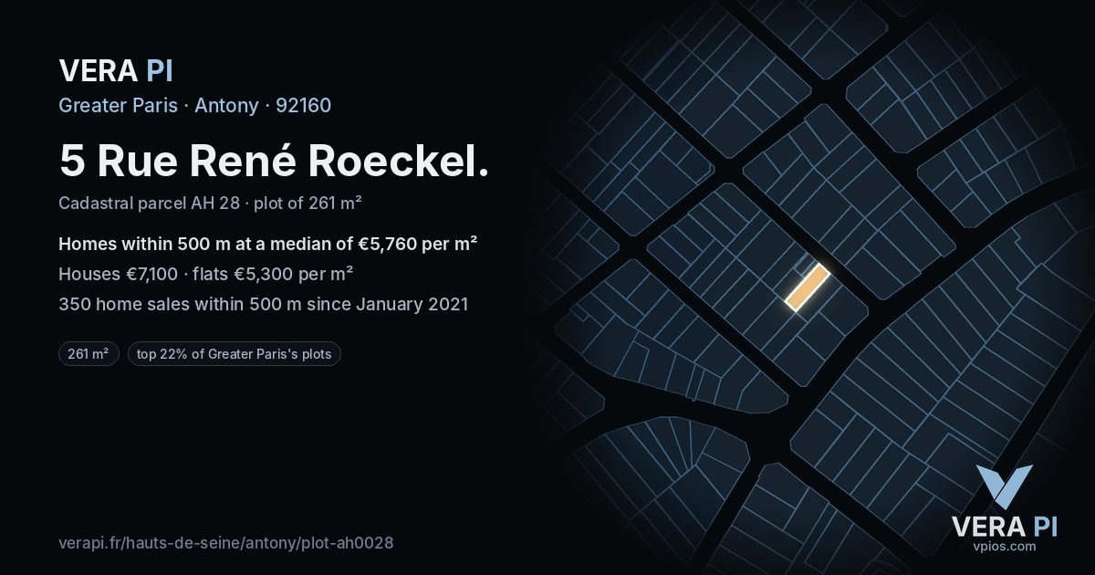 5 Rue René Roeckel, Antony at night – the plot lit, the parcels around coloured by the prices near them