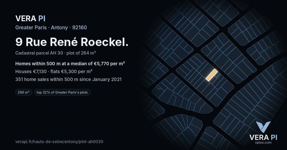 9 Rue René Roeckel, Antony at night – the plot lit, the parcels around coloured by the prices near them
