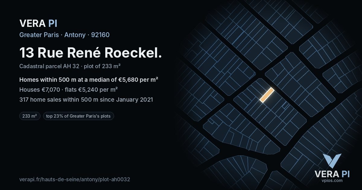 13 Rue René Roeckel, Antony at night – the plot lit, the parcels around coloured by the prices near them