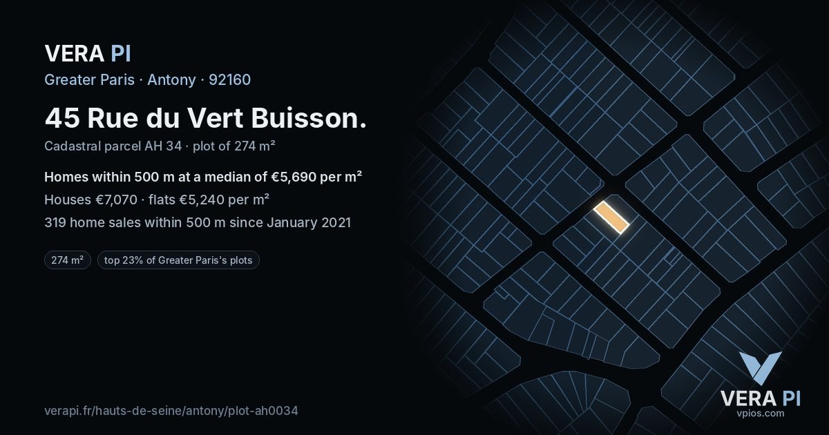 45 Rue du Vert Buisson, Antony at night – the plot lit, the parcels around coloured by the prices near them